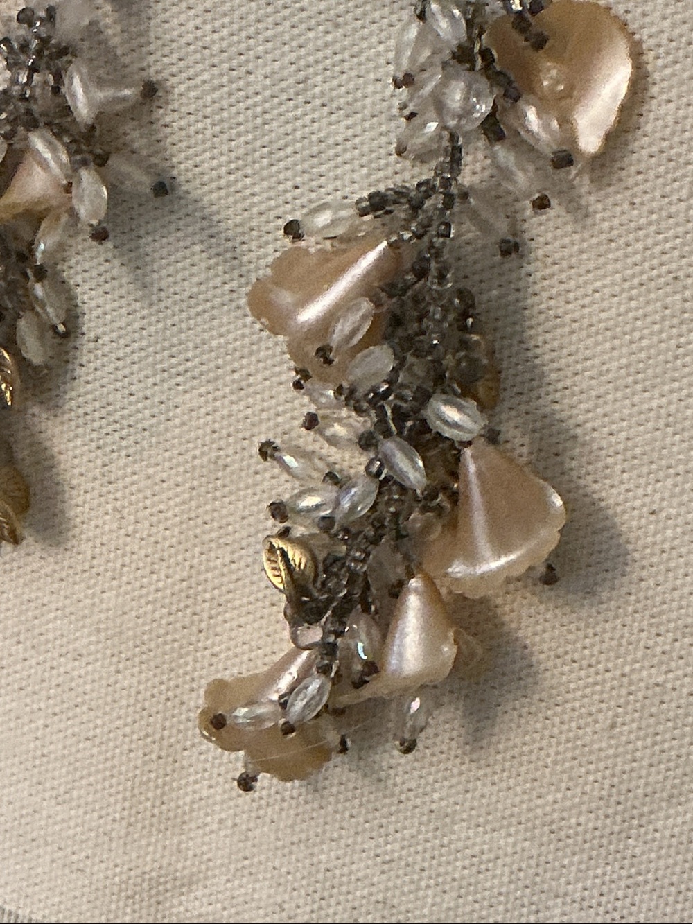 1920’s Shoulder Sweep 8” Cream & Silver Beaded Glass Floral Accent Earrings - Picture 12 of 12